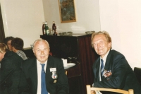 Another photograph from the memorial book, this time taken in the man hall of the villa in West Lane where the Czechoslovak National House was. Shown are Jan Irving and his friend and co-fighter from the 311th who lived in the Moravian town of Napajedla, colonel Stanislav Mikula. Behind them, engaged in a vively discussion, Mrs. Ljuba Knapová, wife of František Knap from the 311th Squadron and facing her, Blanka Irvingová.