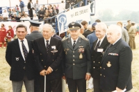 The first army air show in a free country in the modern history of Czechosolovakia at the Kbely airport on the 13th September, 1991. For the photograph, men from one crew assembled. From the left: Arnošt Polák, Rudolf Nedoma, Jan Irving, Ing. G. Shaw a Ivan Schwarz.