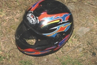 „My helmet mostly survived but the passenger’s one is irrepairably destructed and I keep it in my cottage a permanent reminder that shouts in the space, whenever someone comes, that something good happen for a change and the bad go away.“