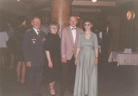 One of many airmen's balls in the Lucerna cultural centre. The tradition started soon after the Velvet Revolution and it is being continued, God be thanked, until these days. Here, Jan Irving took a photograph in front of the ball room. Shown are his good friend from the 311th, colonel Stanislav Mikula with his wife and son Vlastislav, and Iveta Irvingová.