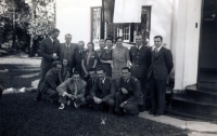 An unique photograph of the Czechoslovak pilots taken on the 19th of April, 1941, in the garden of the Czechoslovak embassy in Cape Tow. Far right, the Ambassador, Mr. Linhart with his family, and the employees of the consulate. At his right, second from left, Jan Irving, far left, J. Němeček. Front row, kneeling, from the left: J. Grič, J. Zdráhal, O. Žanta, A. Sedláček a Al. Keda.