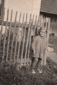 Eva Demelová about three years in front of Michalc's house in Nořín. This photo was sent by her family to Hagibor, apparently with a package. On the other side of the photo is written: Eva, we greet you and come to us soon, we are looking forward to you, dad and grandma, Helenka greets you. Write when we could come for you.