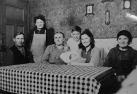 Lydia Němcová as an infant with her mother, grandmothers, grandfather, aunt, and cousin; France, Rombas, 1944