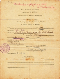 Antonín Špika's identification card for the boat journey from Vladivostok