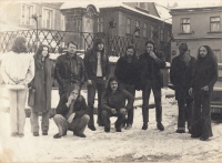 Liberec dissidents. From the left: Ladislav Cerman, Hana Zapadlová, Milan Zapadlo and Miloslav Nuska (both squating), Ilja ??, Ladislav Štučka, Jiří Kasal, Pavel Zajíček, David Němec, Miroslav Malínský, Liberec, Nerudovo square, in front of Neptun´s  fountain, 1977