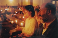 A Taizé prayer in Prostějov, the 90s, her husband Miloš Košíček on the right 