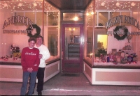 Ján Gadžo with wife in front of his store Andrej´s Potica (1990s)