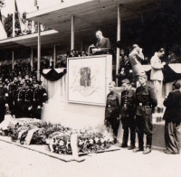 The speakers' podium at Ležáky, June 24, 1945