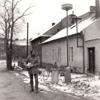 Miloš Kim Houdek in front of his new studio, inherited from Jaroslav Janík; 1978 

