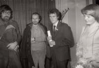 Miloš Hybler´s wedding - from the left Miloš Kim Houdek, Radek Tomek, Miloš Hybler, Vara Hyblerová; mid 80s 