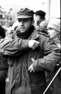 Petr Dohnal during the general strike in front of the Pardubice Theater, 27 November 1989 
