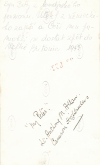 Syn Betty z Londýnského penzionu, 1943, zadní strana fotky