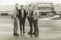 Students of the Theatre Faculty of the Academy of Performing Arts in Italy, on tour with the Karel Čapek's play The Life of Insects. From the left: Petr Feyfar, Josef Abrhám, Zdeněk Pošíval and Jan Schmidt. 1962