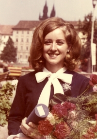 Anna Hogenová after her graduation ceremony at the Faculty of Arts of the Charles University. End of the 1960's.