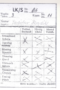 Jídelníčková karta sloužila jako evidence při obědě, snídani, večeři a jako identifikační doklad