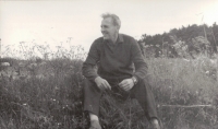 Her dad Antonín Hašek in the meadow, Hleďsebe 1961
