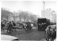 Piling boxes for 'Paper Wall' student protest in front of the National Committee building, photo by Vladimír Sekal; the final days of 1989 