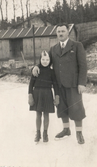 With her father at an ice rink at the range in Holešov, 1937