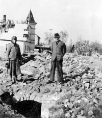 Mrs. and Mr. Vetýšek in the ruins of their house, April 1945
