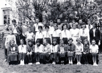 Milada Nováková with her pupils at school in Touškov in1960