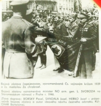 military decoration, handing over of a battle flag in 1946 on the Old Town Square in Prague