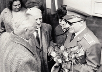 With her uncle Josef Reiner (in the black glasses), with her father Josef Prokeš and Bohumil Němeček, Veselí nad Moravou, 1965