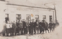 Restaurant 'U Vejvodů', Hradec Králové street number 143 in 1927, in front of the building are members of Sokol who used to come to the exercise in the hall