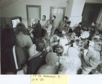 Students and staff at the Faculty of Arts, Comenius University in Bratislava follow the events, November 21, 1989