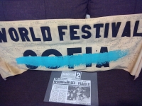 Banner of the Slovak group at the Youth Festival in Sofia. When they weren't let in, the banner was painted over