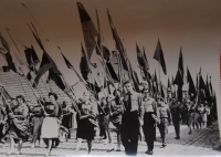 May Day Parade 1963, Jaroslava Jesenská with a banner second from the left  