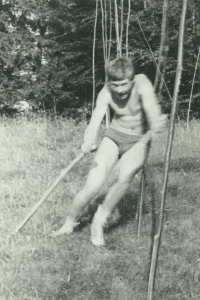 Jiří Kráčalík during skiing training on the grass, High Tatras, end of the 1960s