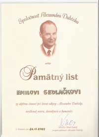 Memorial letter from the Alexander Dubcek Society