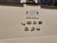 Back facade of the Tyrš House. Memorial plaque of the Stones Expedition, an undertaking of a tourist group within Sokol sports clubs to bring stones from important mountains in Central Europe, 2005