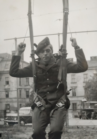 With a parachute at the military service