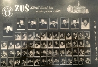 Josef Klíma ve spodní řadě třetí zleva / Závodní učňovská škola masného průmyslu v Třešti, 1953-1954