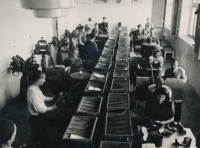 A workshop at a Baťa factory in Carlsbad where his father had been a foreman, 1946 
