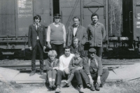 With his coworkers at the railway station of Popelín, around 1984