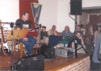 Celebration of 80 years since the foundation of the Orlík settlement where Karel has a cottage. Karel on stage, 2005