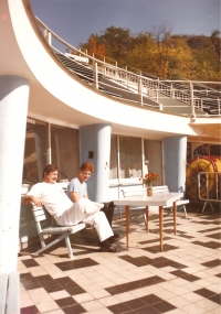 With his son Lukáš, lifeguards at the Podolí swimming pool, 1988