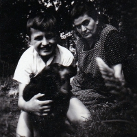 Jan Tichý with mother Božena on the farm in Poruba / around 1956