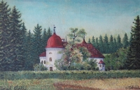 Zámek Golič v dnešním Slovinsku; reprodukce malby na pohlednici, autor O. Zahrada