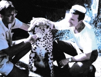 V Keni, 1972, vlevo dr. Leaky, majitel hadí farmy, vpravo Jaroslav Květina s gepardem, kterého vyléčil