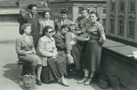Jarmila, sitting the third one from the right, Charles Square, Prague 1957