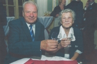 Jindřich Ťukal and his wife. Celebrating their 85th birthday. At the party on September 27, 2016 after the concert of Václav Hudeček and Ivo Kahánek in the Municipal Theater in Jablonec

