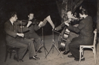 String quartet of the forestry school in Hranice, 1940s. Vlastimil Nedoma on the left
