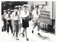 Laying flowers at the memorial in Ležáky, delegation from the pioneer camp, Alena Mašková first from the right, Ležáky, 1980