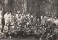 International meeting of young educators in Poland, Alena Mašková (seated third from the right) in the costume of Polish harcers (Polish analogue to scouts), 1972