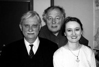 From the left Jiří Dienstbier Sr., Jaroslav Jírů and Monika Pajerová during the Velvet Revolution