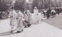The celebration the first communion of theologian František Karel in Ledeč nad Sázavou and Irena Muchová as a bride 