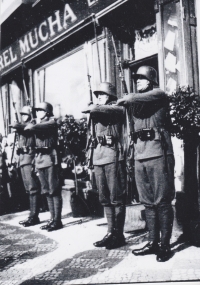 Czechoslovak troops in front of Karel Mucha's shop 
